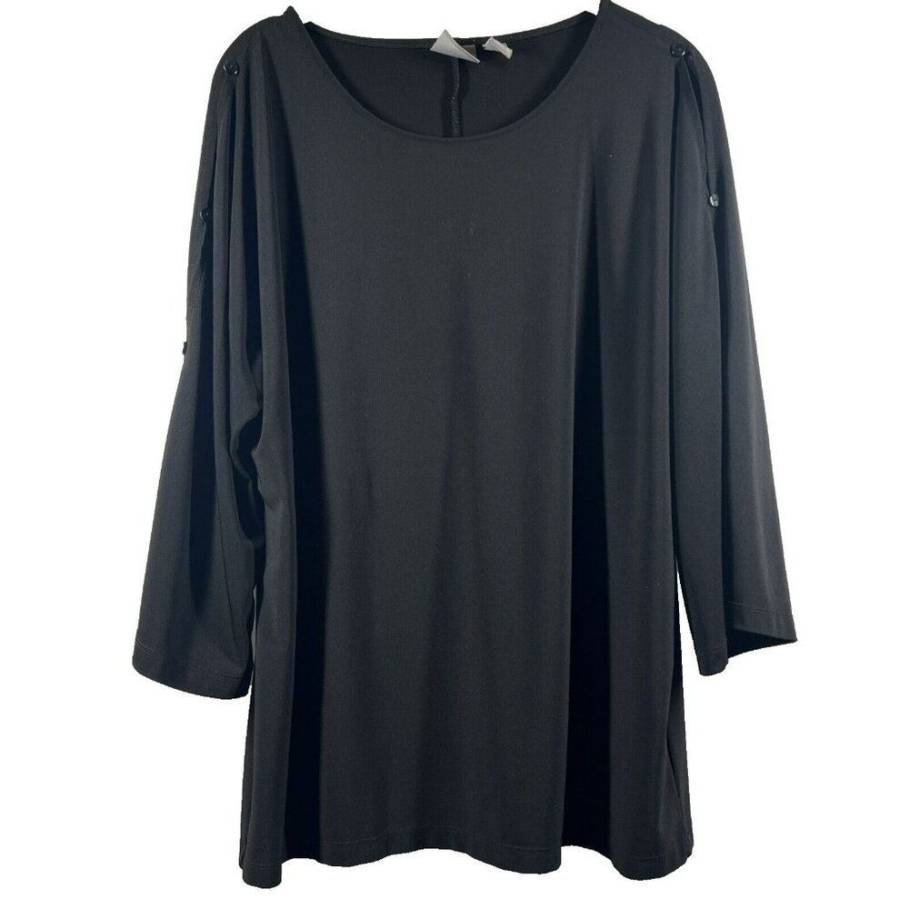 Chicos Women's Top‎ Size 2 Large Solid Black Bell 3/4 Split Sleeves Stretch